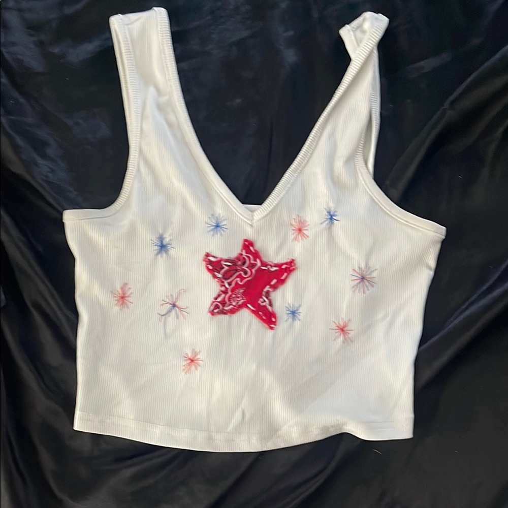 White Tank Top with Red Star Embroidery